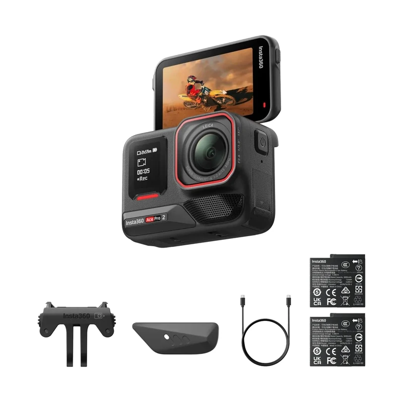 Insta360 Ace Pro 2 DUAL BATTERY Kit -8K Action Camera Co-engineered with Leica, NEXT-GEN 1/1.3" Sensor and Dual AI Chip, 8K/30fps, 157deg Lens, 2.5" Flip Screen & 12M Waterproof.