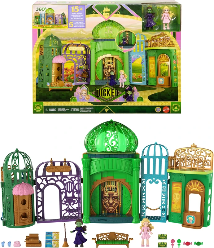Mattel Universal Pictures’ Wicked Emerald City Playset with Glinda & Elphaba Small Dolls, 5 Play Spaces & 15 Accessories, Inspired by the Movie, JFM22
