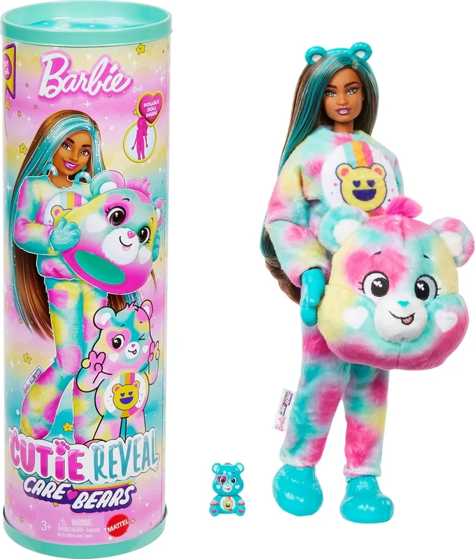 Barbie Cutie Reveal Care Bears Doll & Accessories, Series 2 Good Vibes Bear with 10 Surprises Including Color Change & Mini Bear, JFV62