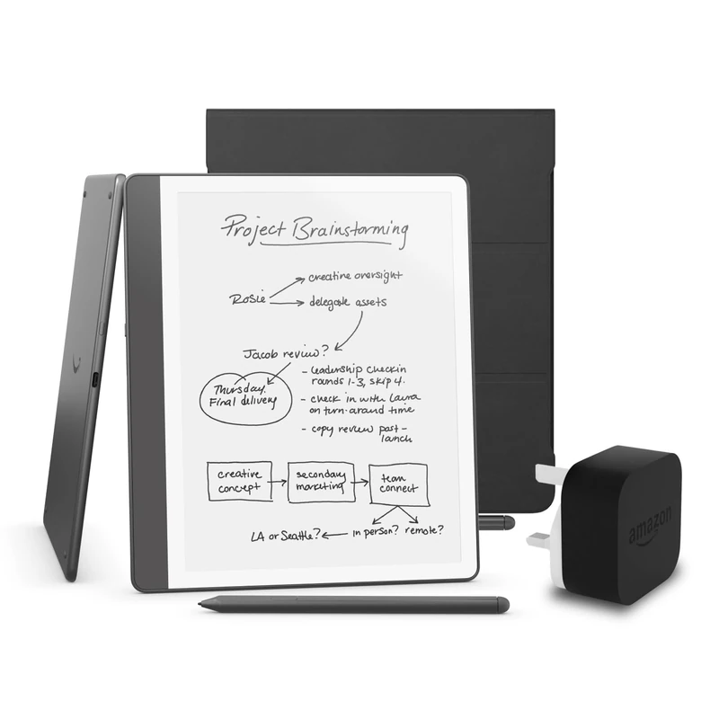 Kindle Scribe (2024 Release) 16 GB, an Amazon Premium Leather Cover and an Amazon Powerfast 9W Power Adapter