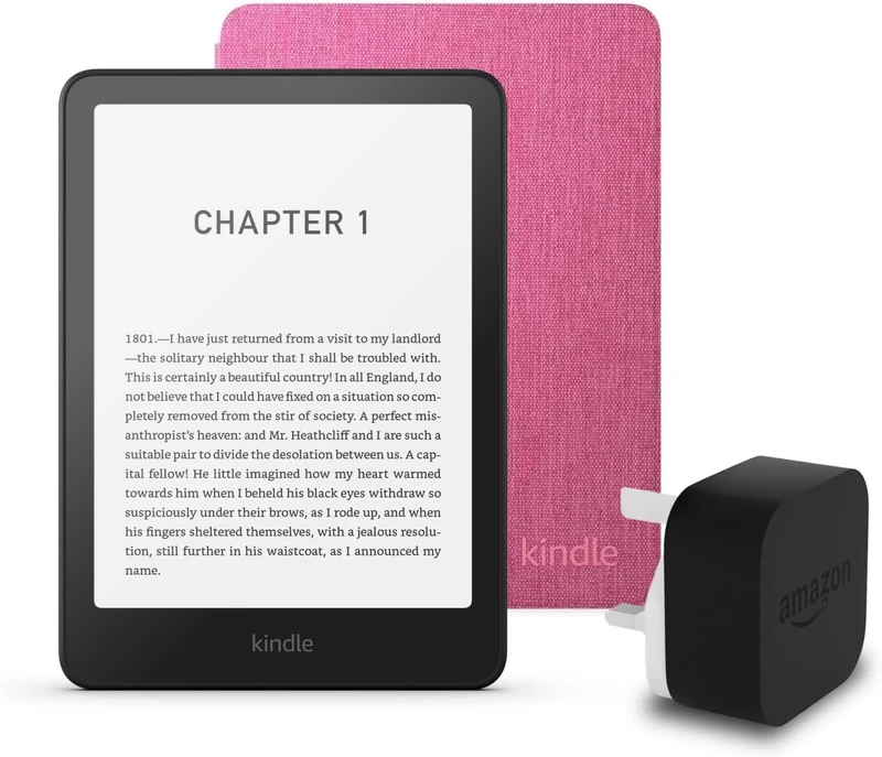 Kindle Paperwhite (2024 Release) 16 GB with ads, an Amazon Fabric Cover and an Amazon Powerfast 9W Power Adapter - Image 1
