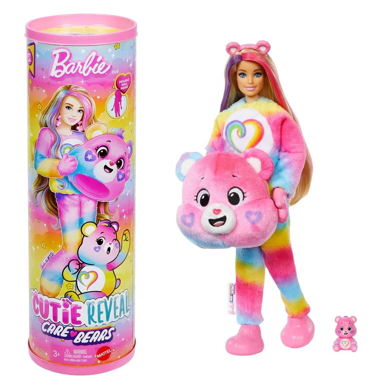 Barbie Cutie Reveal Care Bears Doll & Accessories, Series 2 Togetherness Bear with 10 Surprises Including Color Change & Mini Bear, JFV60
