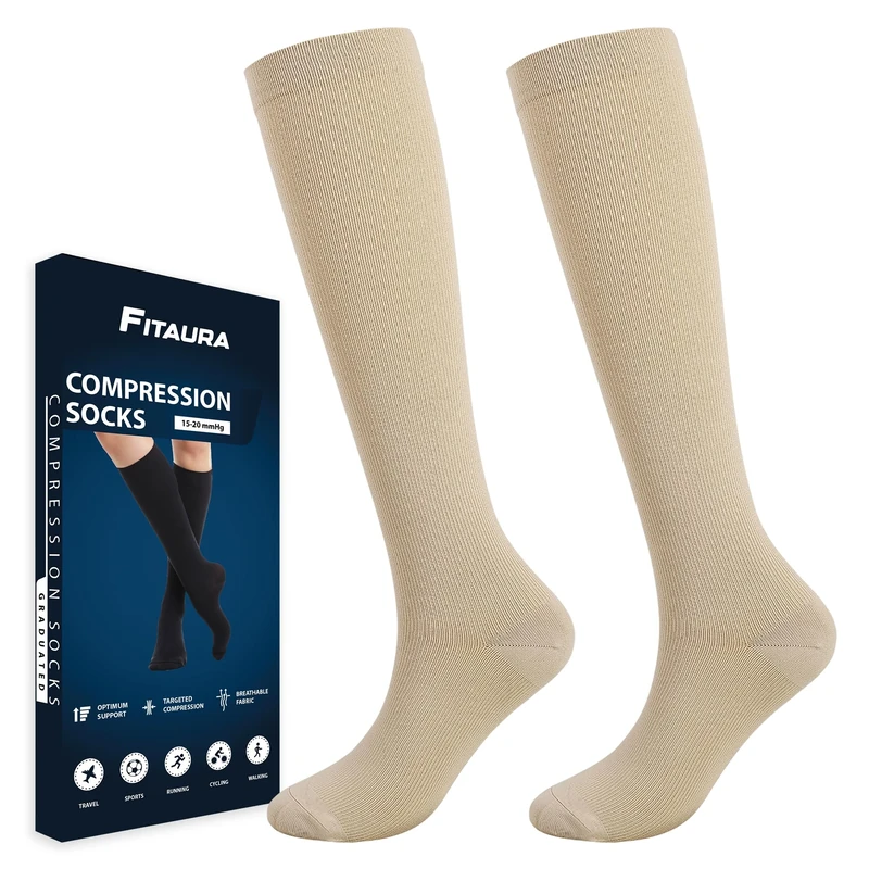 FITAURA Compression Socks for Women & Men | 15-20mmHg Support Stockings for Flight, Travel, Sports, Running | Graduated Compression for Calf & Ankle Circulation | 1 Pair S/M Beige