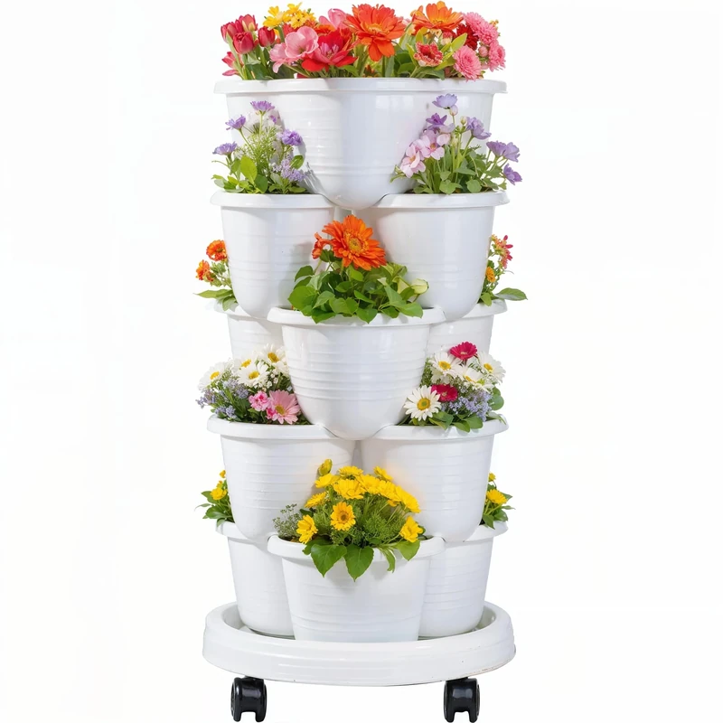 VECELO 5 Tier Vertical Garden Planter, Self Watering Stackable Planters with Wheels for Strawberries, Herbs, Flowers, Vegetables, White