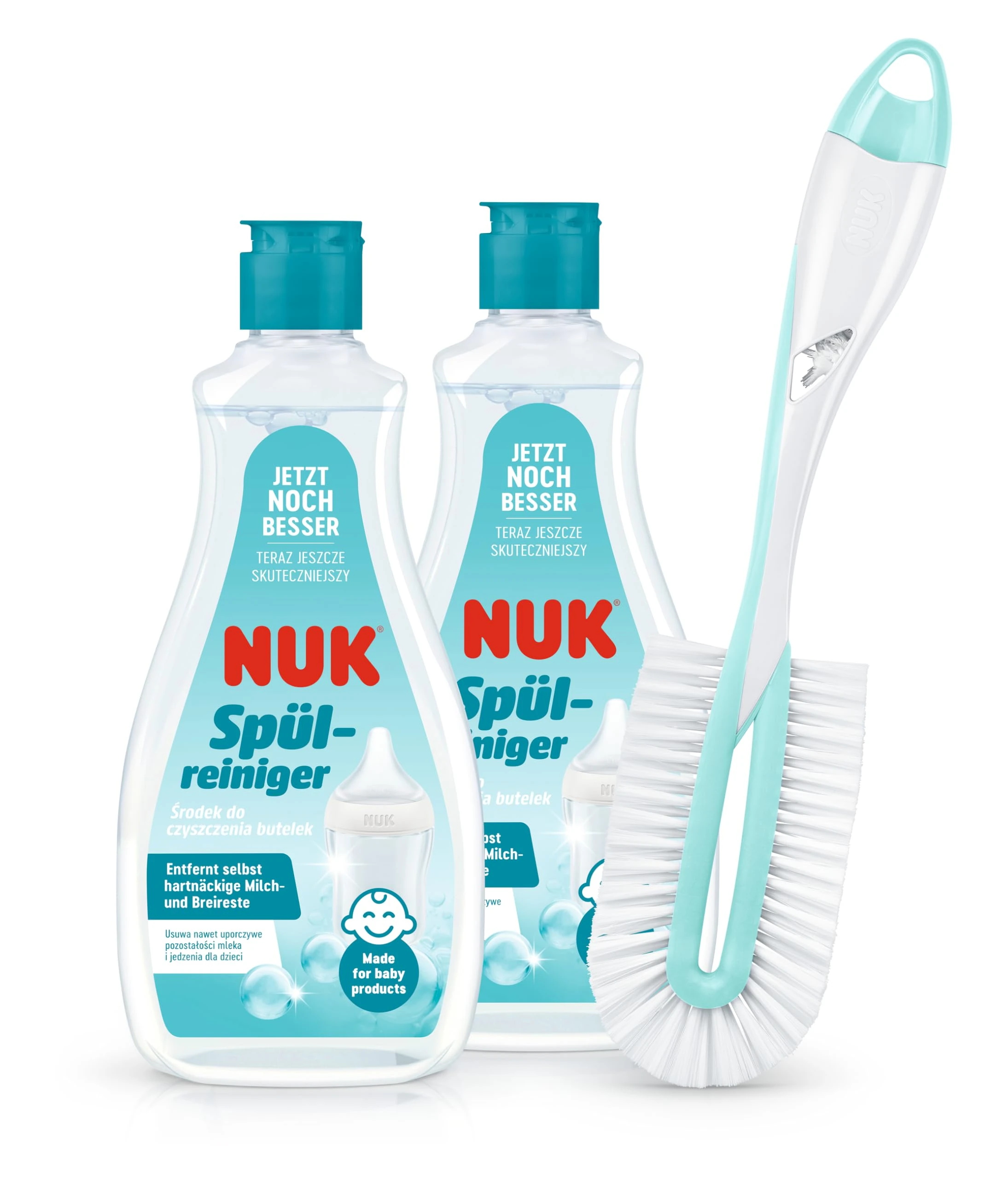 NUK Baby Bottle Cleaning Set - 2 x Cleanser, 1 x Twist & Teat Brush | 500 ml | for Teats & Accessories | Fragrance Free, pH Neutral