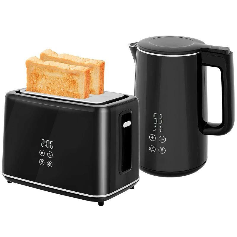 HOMCOM Digital Stainless Steel Kettle and Toaster Set, 1.5L 3000W Fast Boil Kettle, 2 Slice Toaster with 7 Level Browning Controls, Defrost, Reheat, Keep Warm, Crumb Tray and LED Touch Display, Black