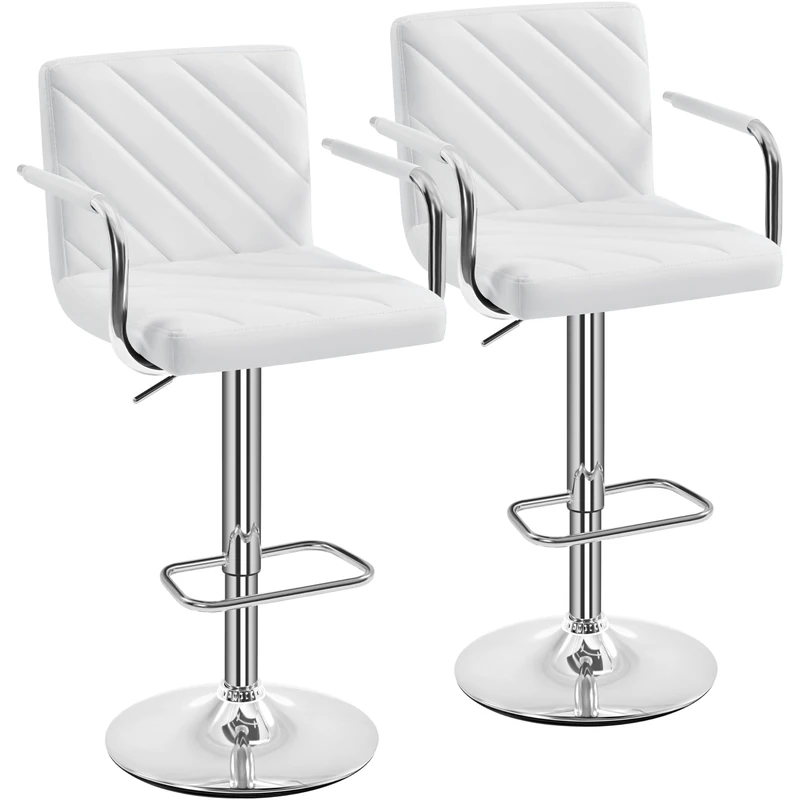 Yaheetech Bar Stools Set of 2, Modern Height Adjustable Swivel Bar Chairs, Faux Leather with Backrest and Footrest for Kitchen, Home, Restaurant, White