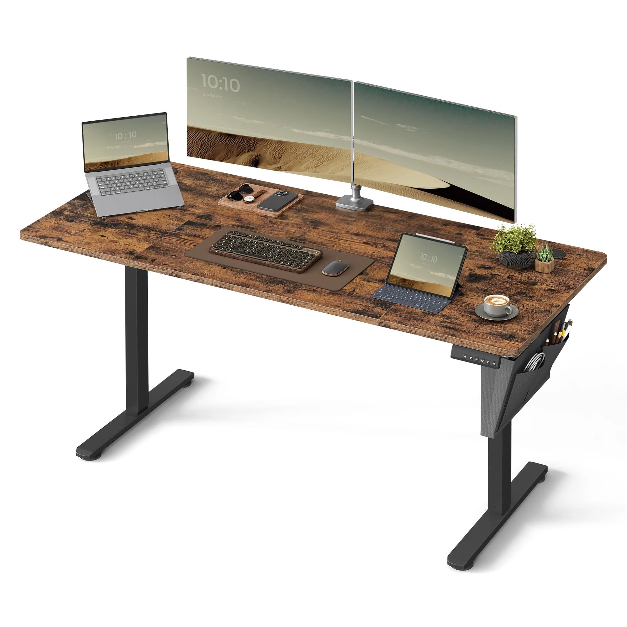 VASAGLE Electric Standing Desk, Height Adjustable Desk, 70 x 160 x (72-120) cm, 4 Memory Heights, Storage Pocket, for Home Office, Study, Rustic Brown and Ink Black LSD136K02