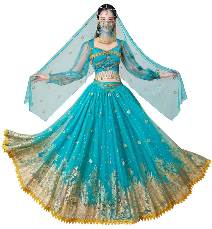ELLYDOOR Princess Jasmine Costumes for Women Adult Aladdin Dress UP Halloween Cosplay Belly Dance Outfit (40jasmine blue, Small)