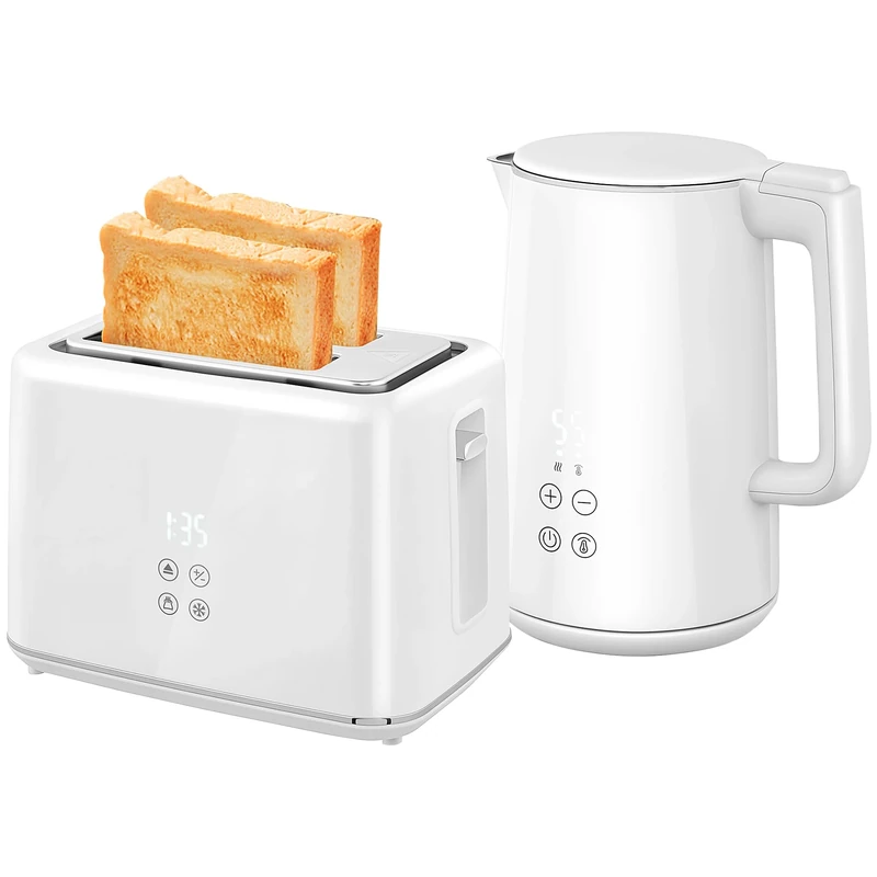 HOMCOM Digital Stainless Steel Kettle and Toaster Set, 1.5L 3000W Fast Boil Kettle, 2 Slice Toaster with 7 Level Browning Controls, Defrost, Reheat, Keep Warm, Crumb Tray and LED Touch Display, White