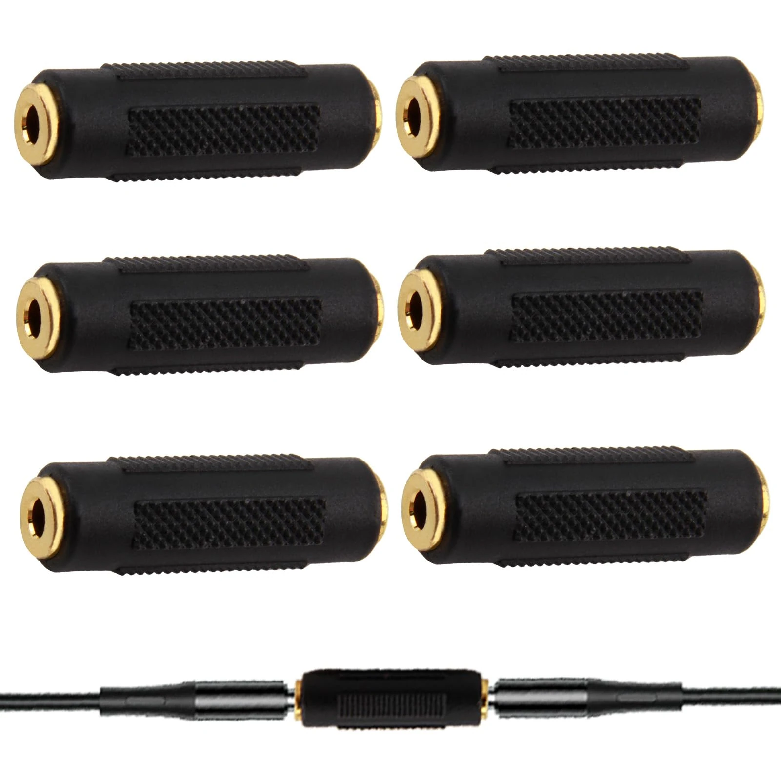 Gold-Plated 6-Pack 3.5mm Female Aux Extension Connector for Cable, Speakers, Headphones