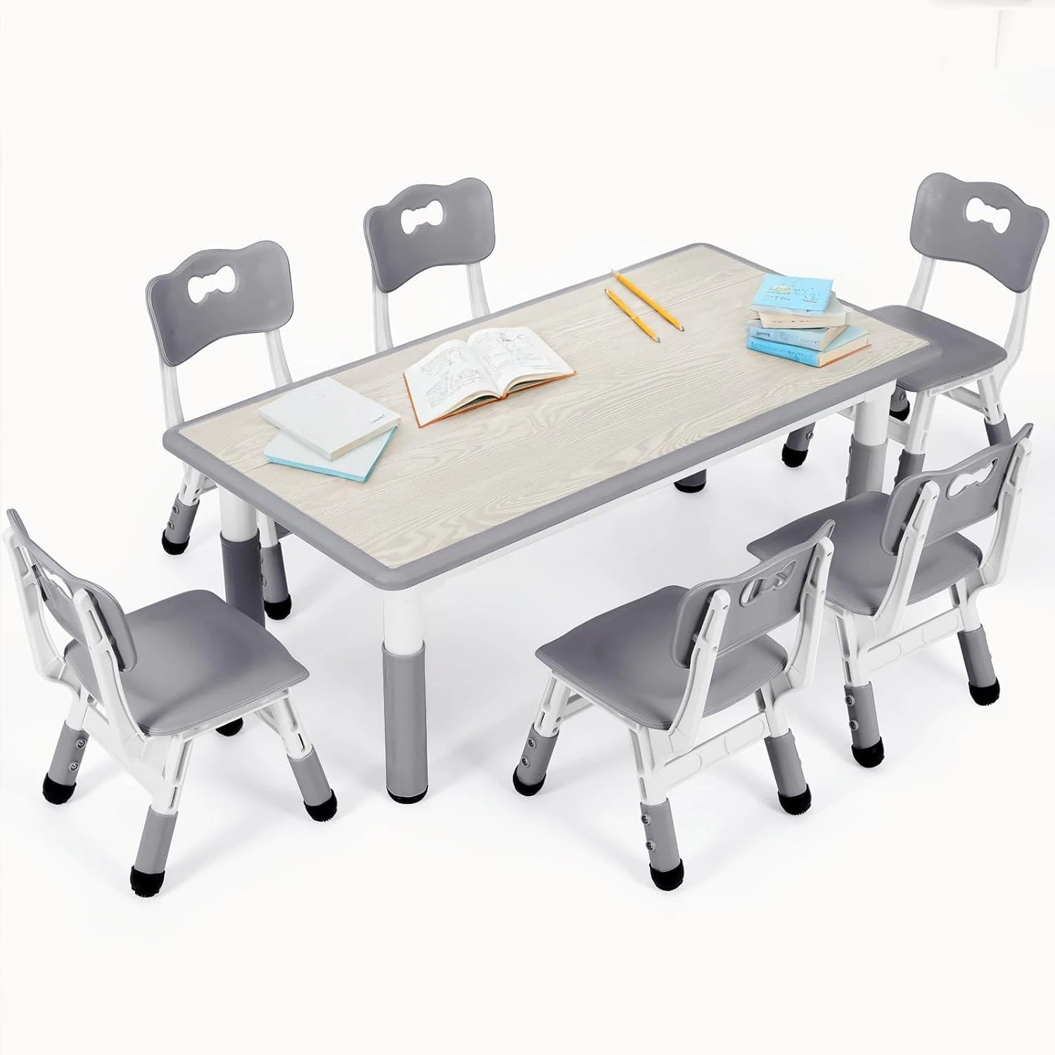 Clevich Children's Table with 6 Chairs, Children's Table and Chair Set for Kindergarten and Children's Room, Height-Adjustable Children's Table Group, Plastic Children's Furniture