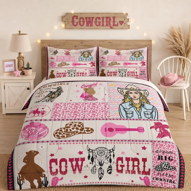 Pamnest Comforter Set Full Size, Cowboy Cowgirl Western Country Soft 3 Pcs Bedding for Kids and Adults, Rustic Retro Pink Girls Comforter Set with Pillowcase, for Bedroom Bed Decor