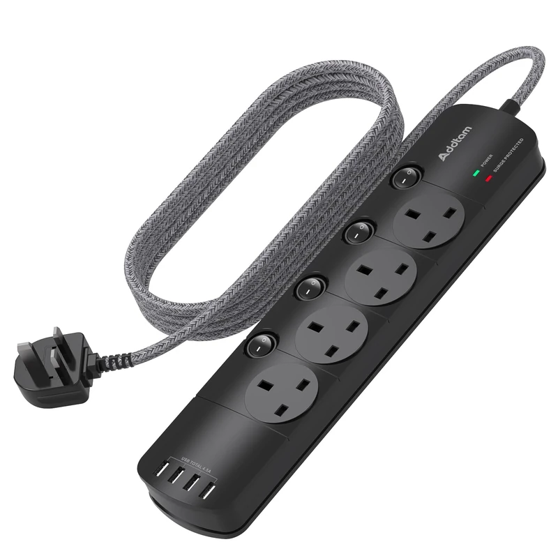 1.8M Extension Lead, 4 Way Socket Outlets Power Strips with 4 USB, 1050J Surge Protection Multi Plug Extension with Braided Extension Cable for Home, Office, Individually Switched, Black