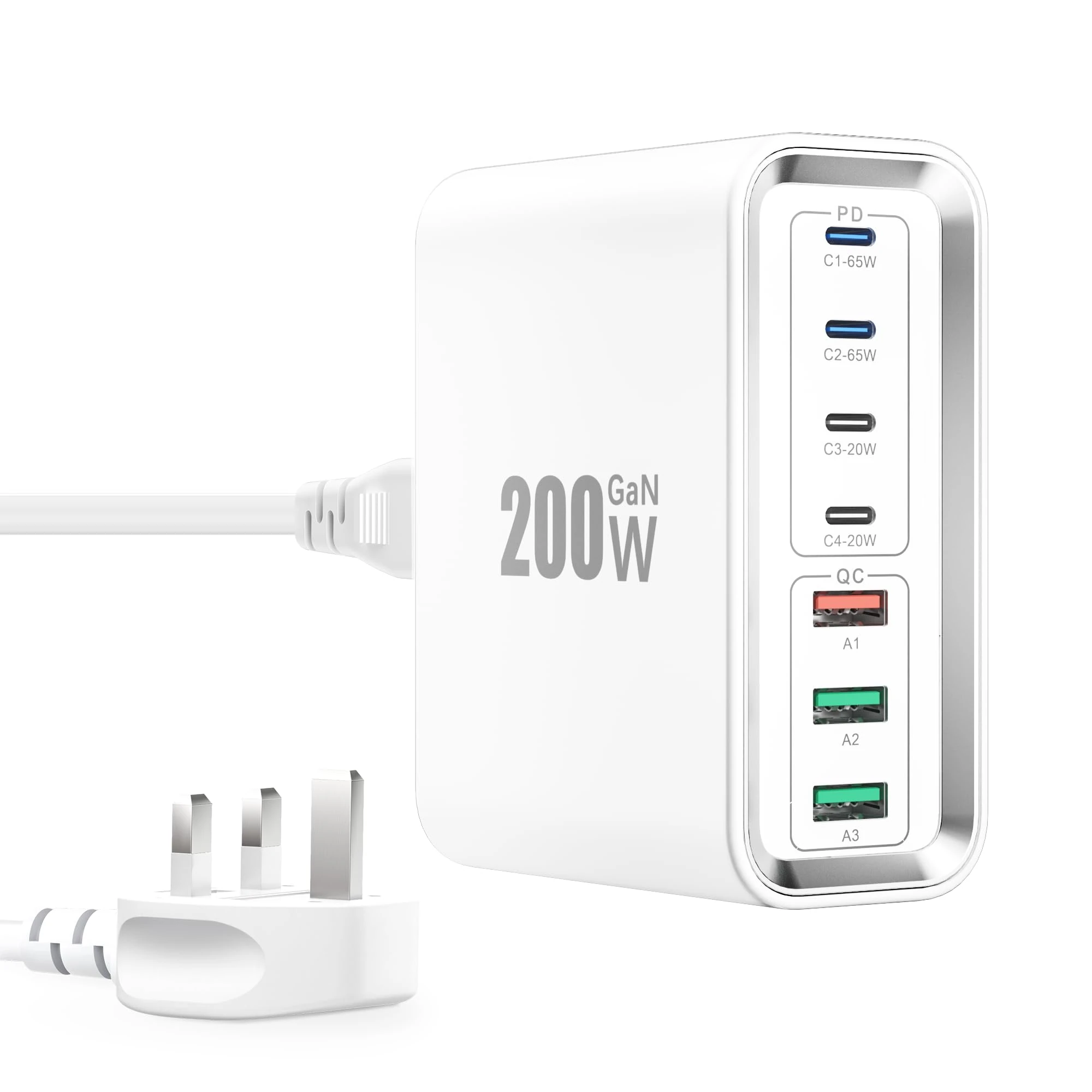 Super Fast Charging Station, 200W GaN 7-Ports Charger Station Hub, Mutil USB Chargers Wall Plug 65W USBC Charger for MacBook Pro/Air, iPads, iPhone17/16/15/14, USBC Laptops,Samsung Galaxy S25/S24