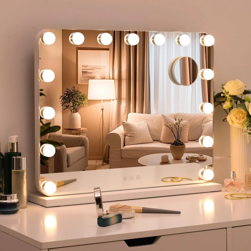Clevich Make-up Mirror with Lighting, 58 x 46 cm, 15 Dimmable LEDs, USB Port, Removable Magnifying Mirror, Table and Wall Mirror for Make-Up, Modern Style (58 x 46 cm)