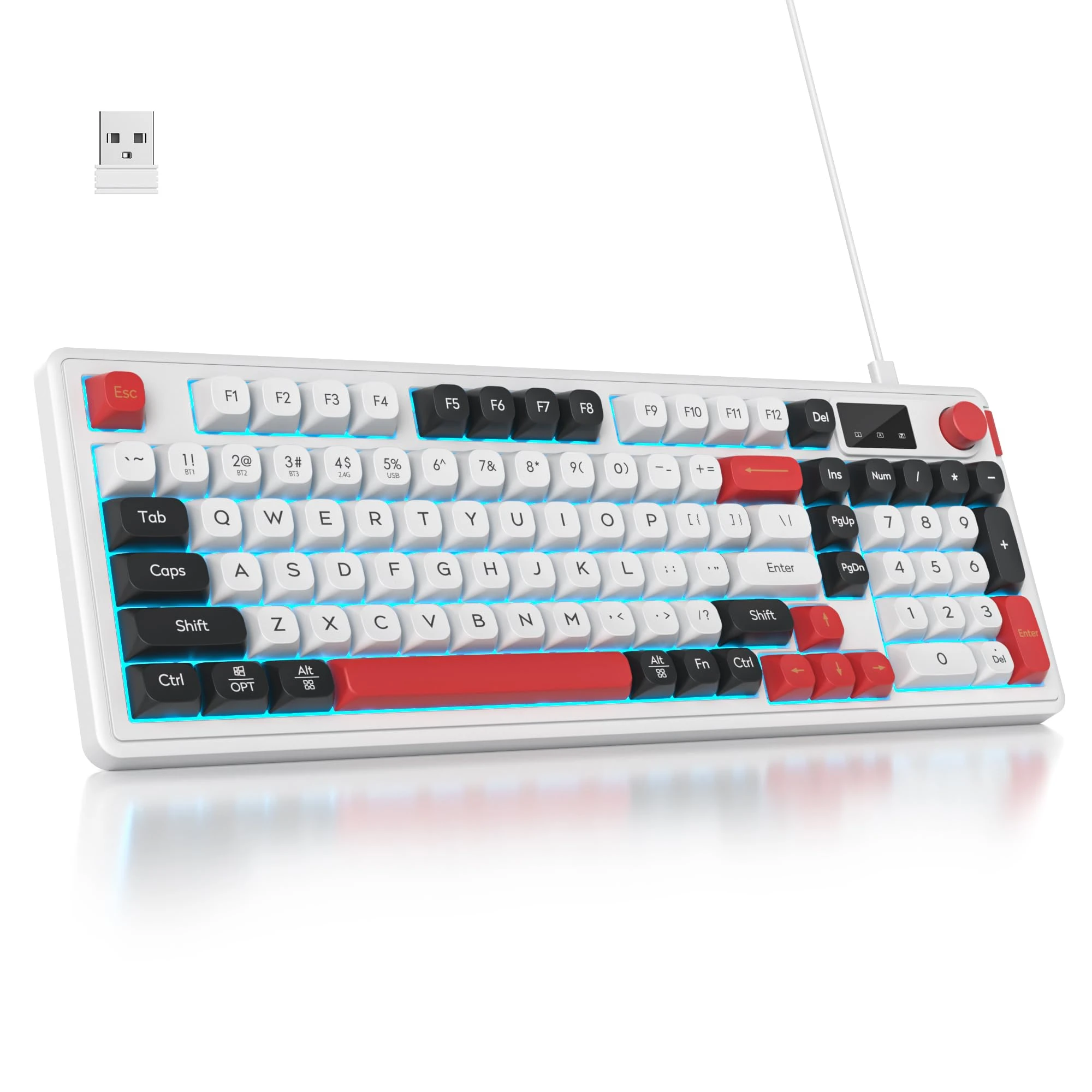 SOLIDEE 96% Wireless Membrane Keyboard with Knob,Triple Mode Wired/Bluetooth 5.0/2.4G,Gasket Structure&RGB Backlit,98 Silent Keys with Mechanical Feeling,Creamy Keyboard with Number Pad(White)