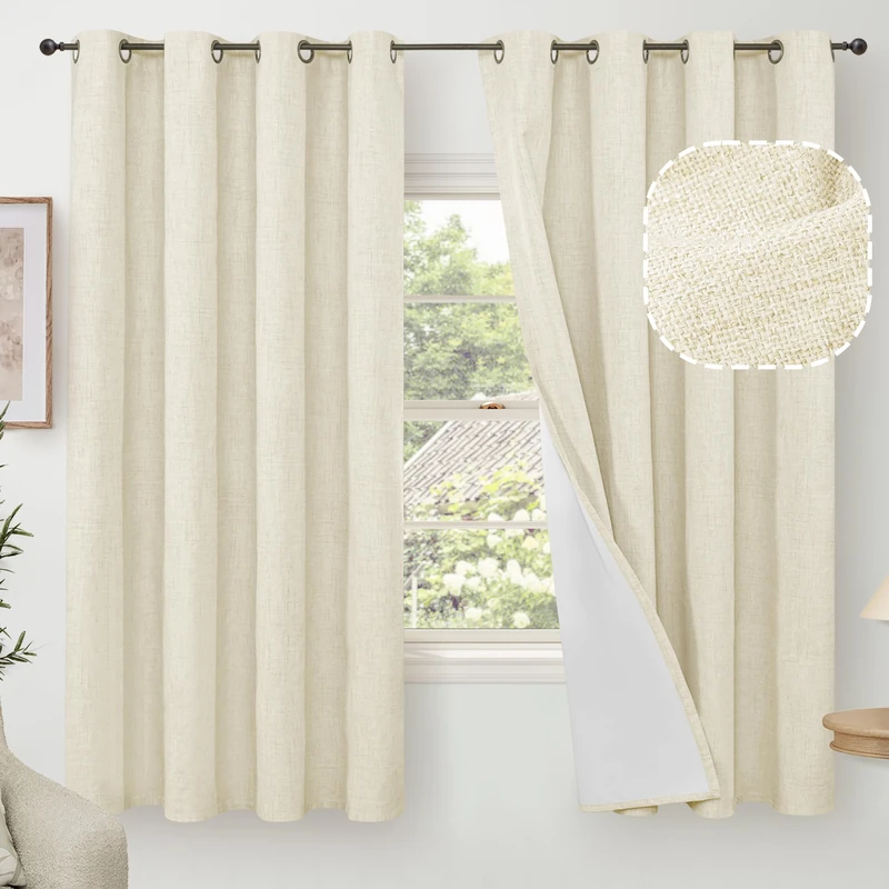 60 Inch Wide Linen Blackout Curtains for Bedroom 63 Inch Length 2 Panels, Total Black Out Thermal Insulated Energy Efficiency Grommet Boho Window Drapes White Liner for Modern Farmhouse, Cream