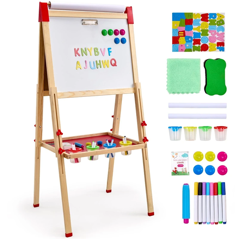 VEVOR Art Easel for Kids, 3-in-1 Wooden Double-Sided Kid's Art Easel with Magnetic Whiteboard, Chalkboard & Paper Roll, Adjustable Standing Drawing Board with Painting Accessories for Boys and Girls