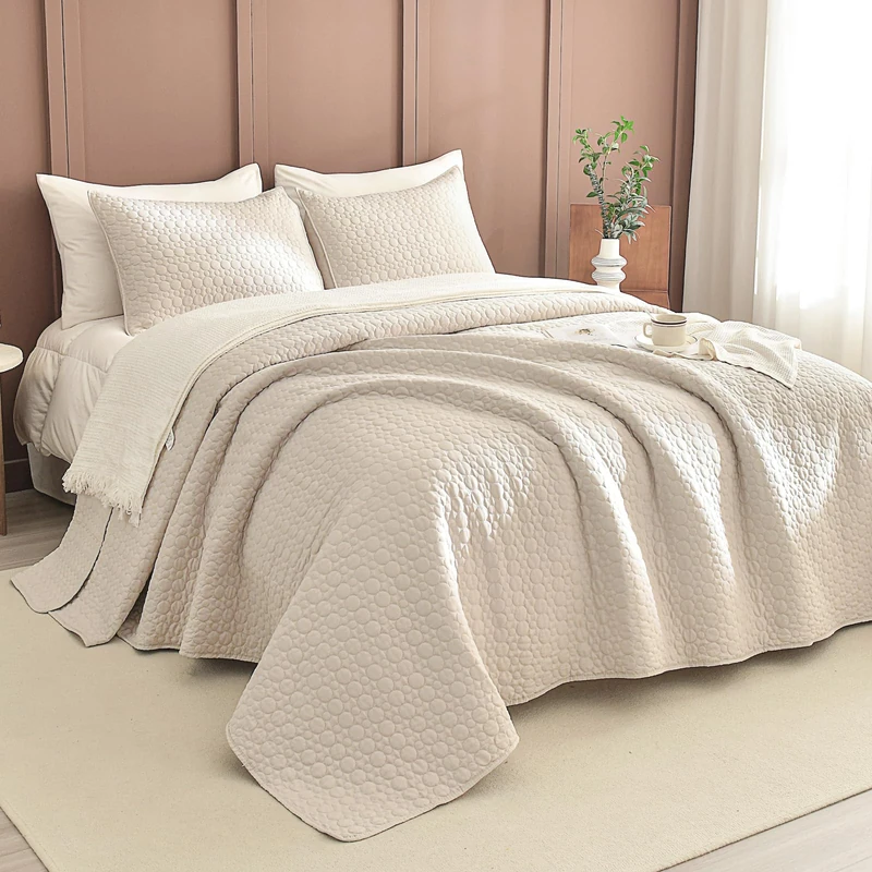 Sanracie Oversized King Quilt Bedding 128"x120", Wheat Colored 100% Cotton Cal King Quilt Bedspread Set 3Pcs Circular Quilting Super King Bedspread Coverlet Sets for All Season Lightweight Soft