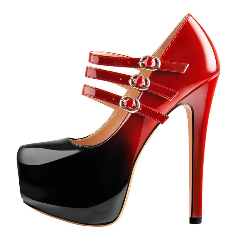 blingqueen Mary Jane Platform Stiletto High Heels Three Buckle Strappy Pumps Closed Toe Party Work Court Dress Shoes Black and Red Pumps for Women Wedding Party Shoes Leather Size 4