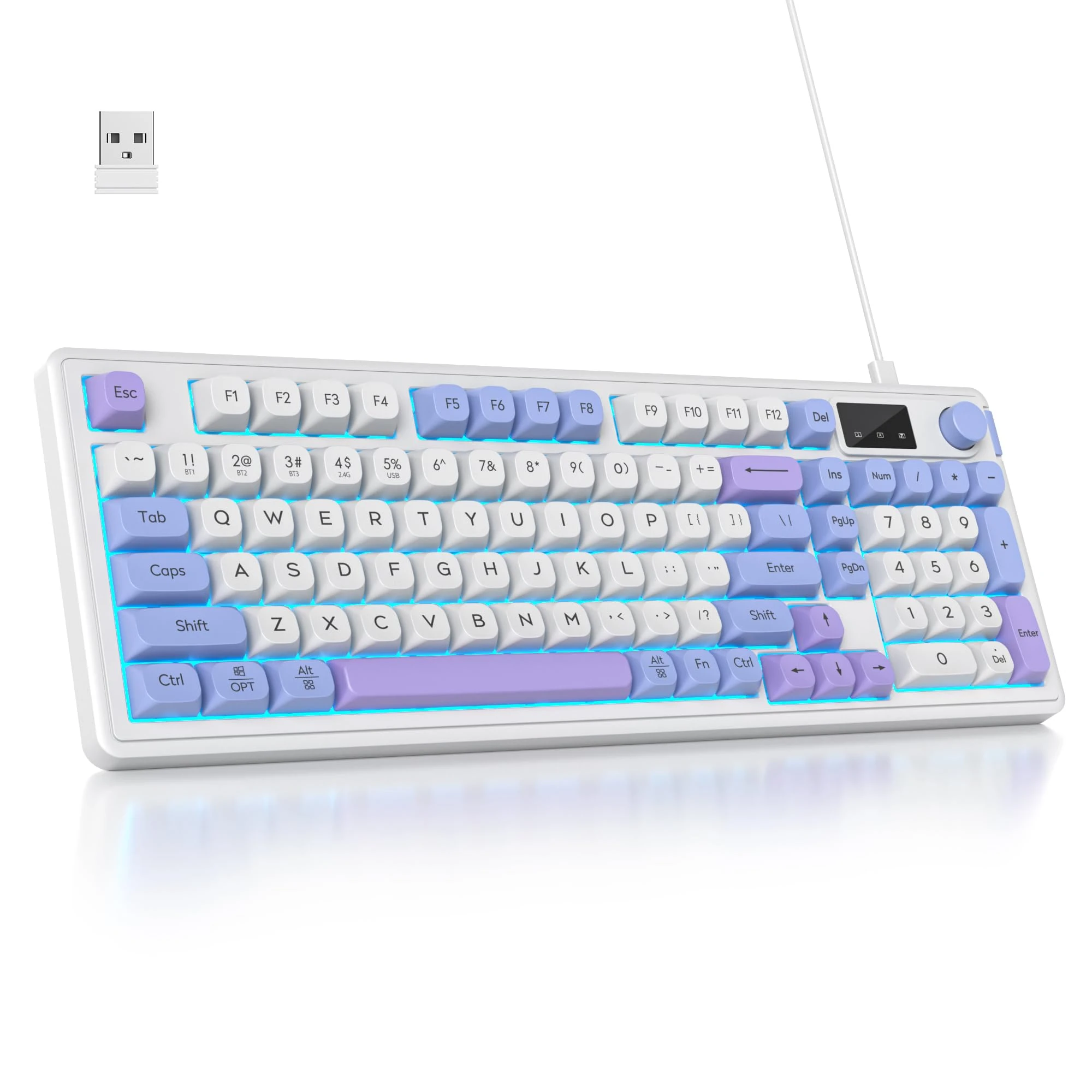 SOLIDEE 96% Wireless Membrane Keyboard with Knob,Triple Mode Wired/Bluetooth 5.0/2.4G,Gasket Structure&RGB Backlit,98 Silent Keys with Mechanical Feeling,Creamy Keyboard with Number Pad(Sea Salt)