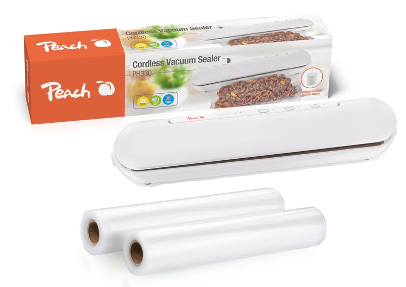 Peach Vacuum Sealer To-Go! | Cordless | Food Naturally Fresh | No More Food Waste | Includes 2 Rolls of Vacuum Sealing Film | PH330P, White