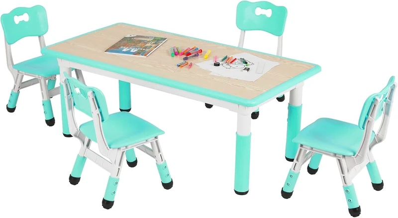 Clevich Children's Table with 4 Chairs, Children's Table and Chair Set, Height-Adjustable, with Chairs for Boys and Girls from 2 Years (Mint Green)