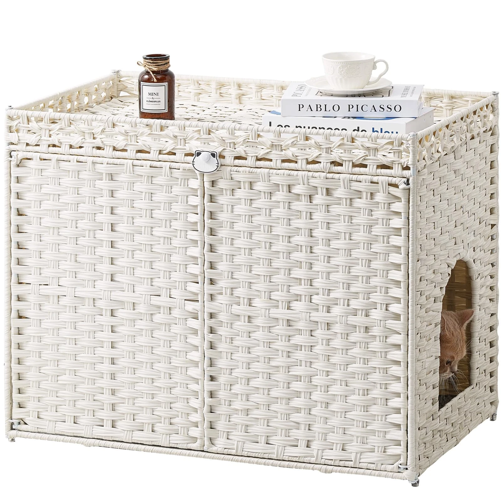 SETVSON Cat Litter Box Enclosure Furniture, Handwoven Rattan Hidden Litter Box with Mat, Large Space Cat House with 2 S-Shaped Hooks 30.3 x 18.3 x 24.4 Inches, Indoor for Living Room Apartment White