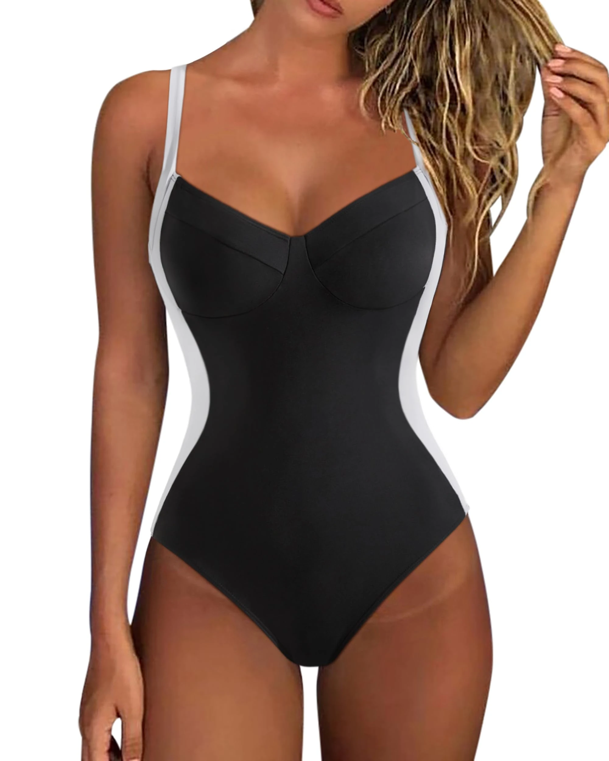 DOULAFASS Shape Push Up Swimming Costume Women Tummy Control Swimsuit V Neck Crisscross Back Padded Sexy One Piece Swimwear Black White