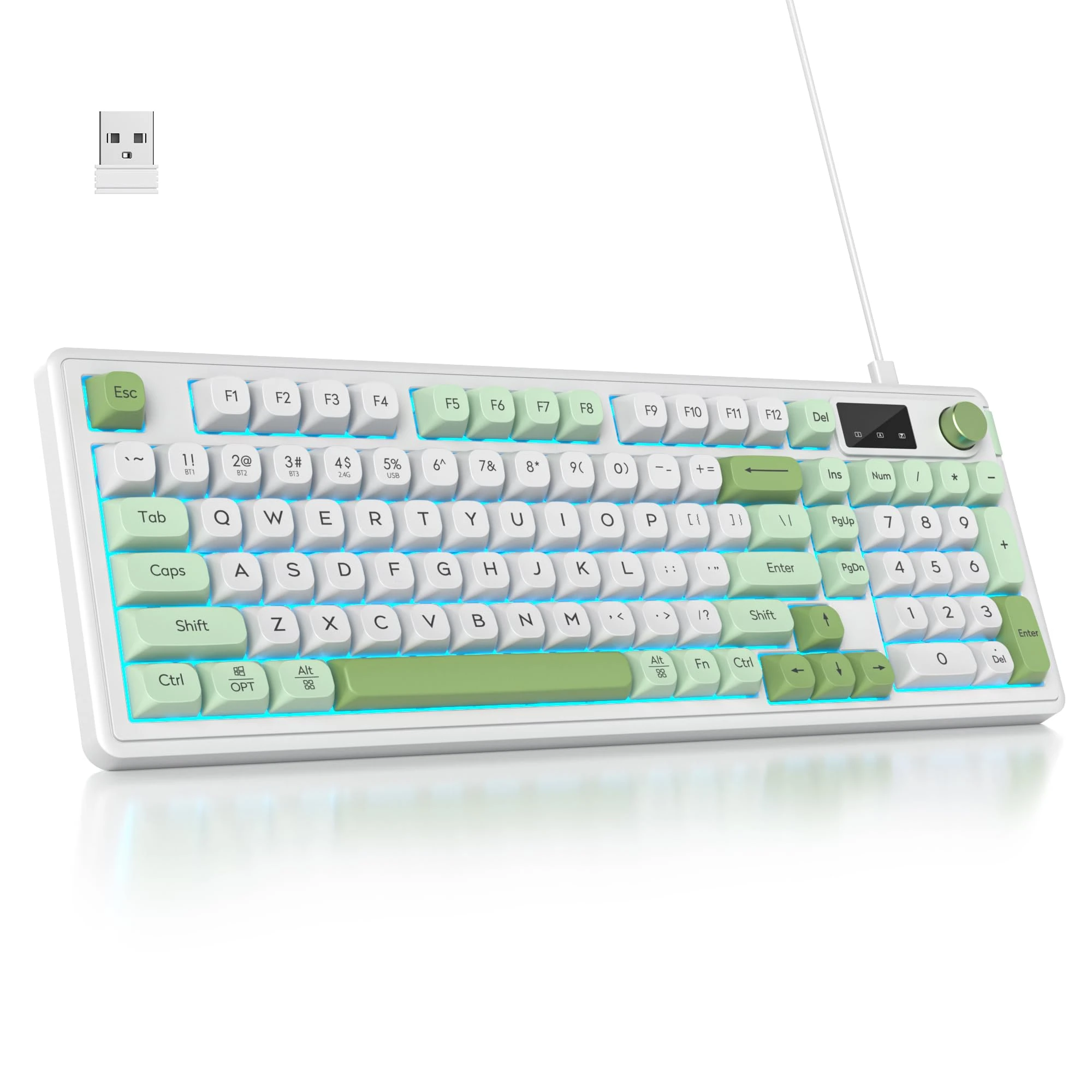 SOLIDEE 96% Wireless Membrane Keyboard with Knob,Triple Mode Wired/Bluetooth 5.0/2.4G,Gasket Structure&RGB Backlit,98 Silent Keys with Mechanical Feeling,Creamy Keyboard with Number Pad(Snow Green)