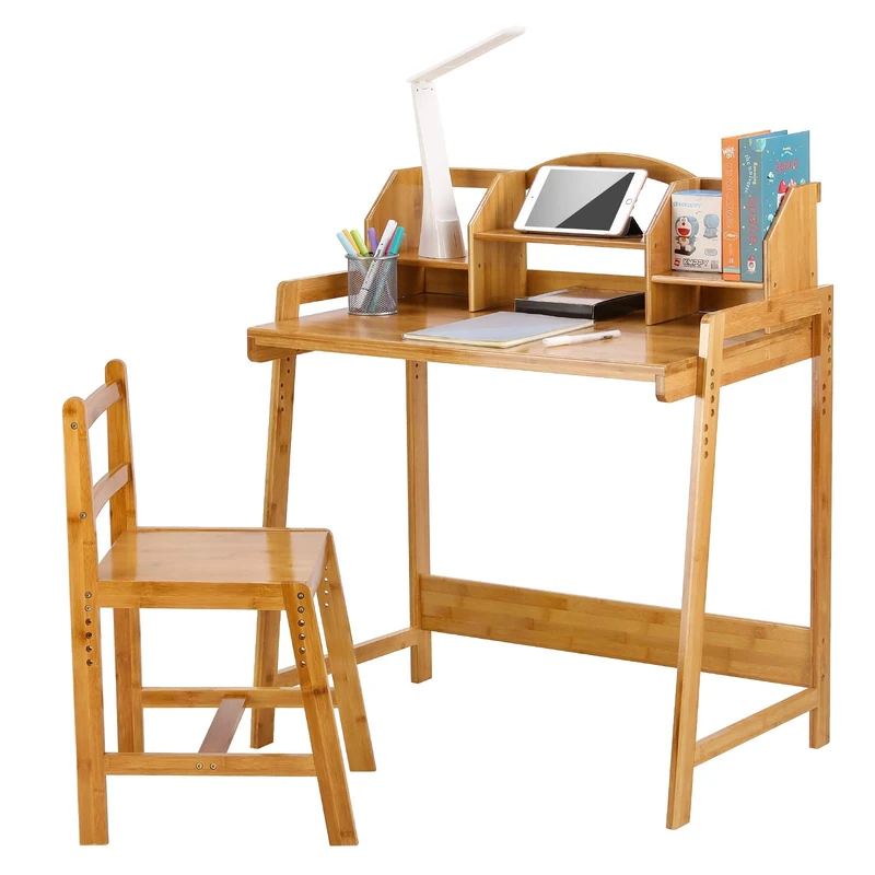 Clevich Kids Table and Chair Set, Height Adjustable, Bamboo Wood Desk with Chair, Storage Space, Book Holder for Children aged 3-10, Student Writing Desk for Bedroom & Study Room, Yellow