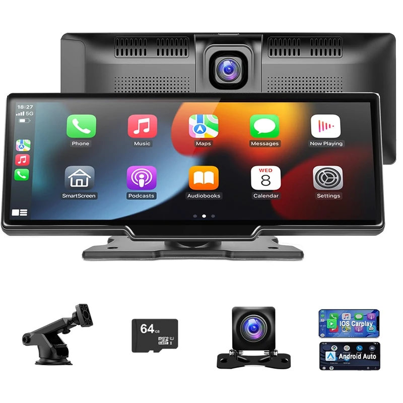 Wireless Android Carplay Screen, 10.26-Inch Car Stereo Audio Receiver Bluetooth with 4K Front Dash Cam,1080p Backup Camera, for Apple Carplay with 64G TF/FM/Siri/G-oogle/Mirror Link/Bluetooth 5.0/AUX - Image 1