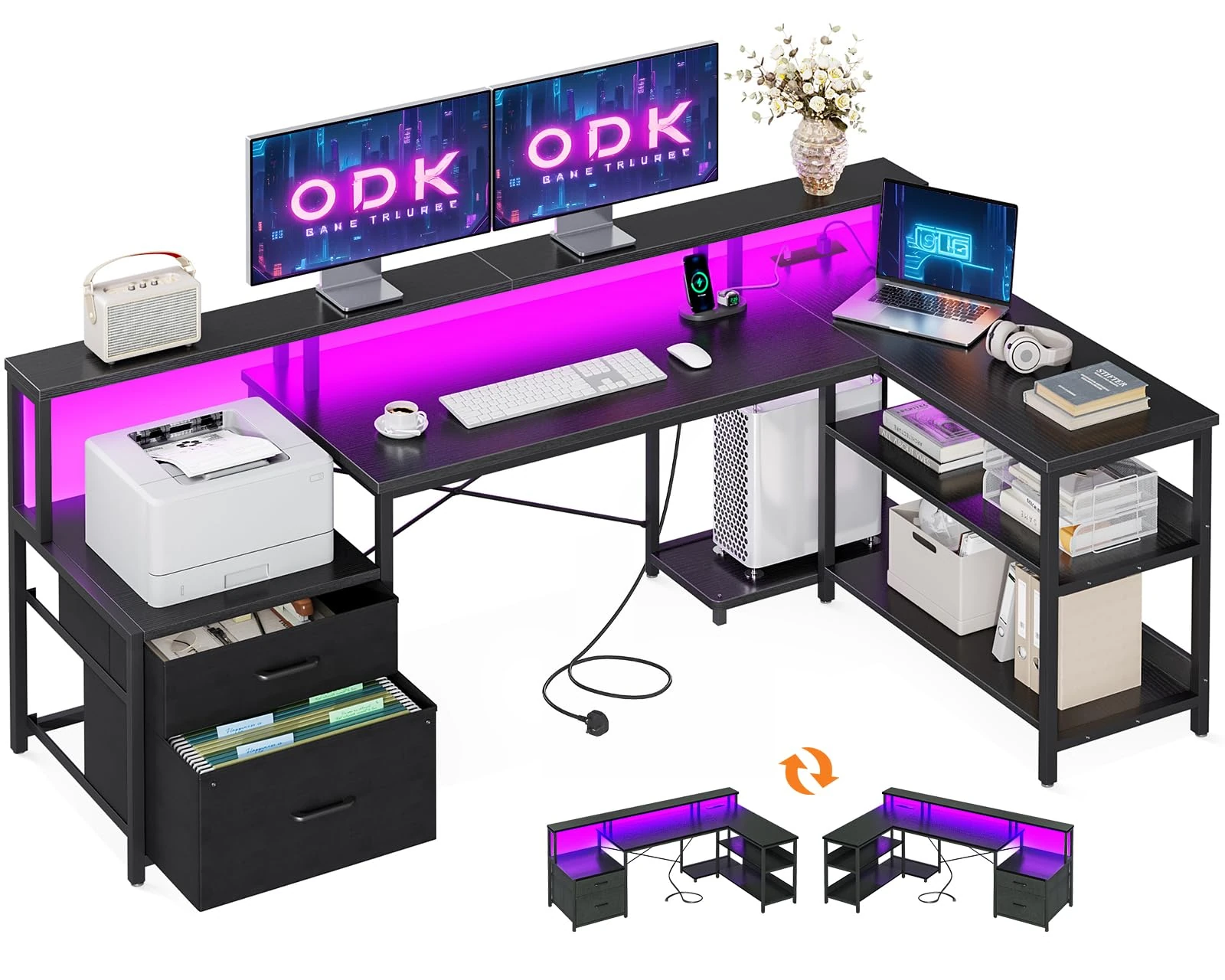 ODK Corner Desk with Drawers, 172×100 cm L Shaped Gaming Desk with LED Lights & Power Outlets, Reversible Computer Desks with Storages, Black
