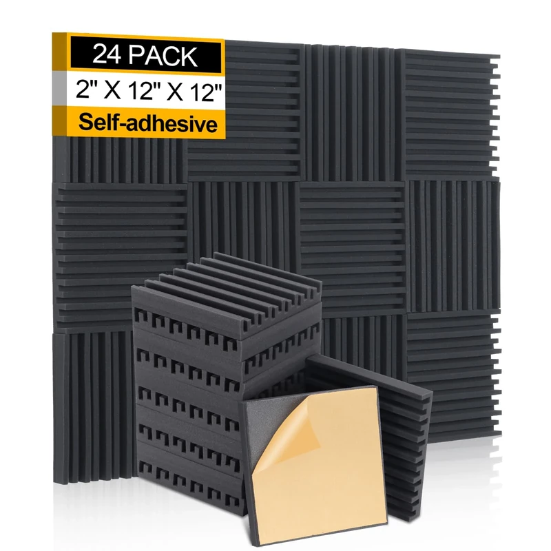 AUSLET 24 Pack Sound Proofing Panels with Self Adhesive 12" x 12" x 2" High Density Grooved Acoustic Wall Panels Sound Absorbing Foam for Recording Studio Home Office