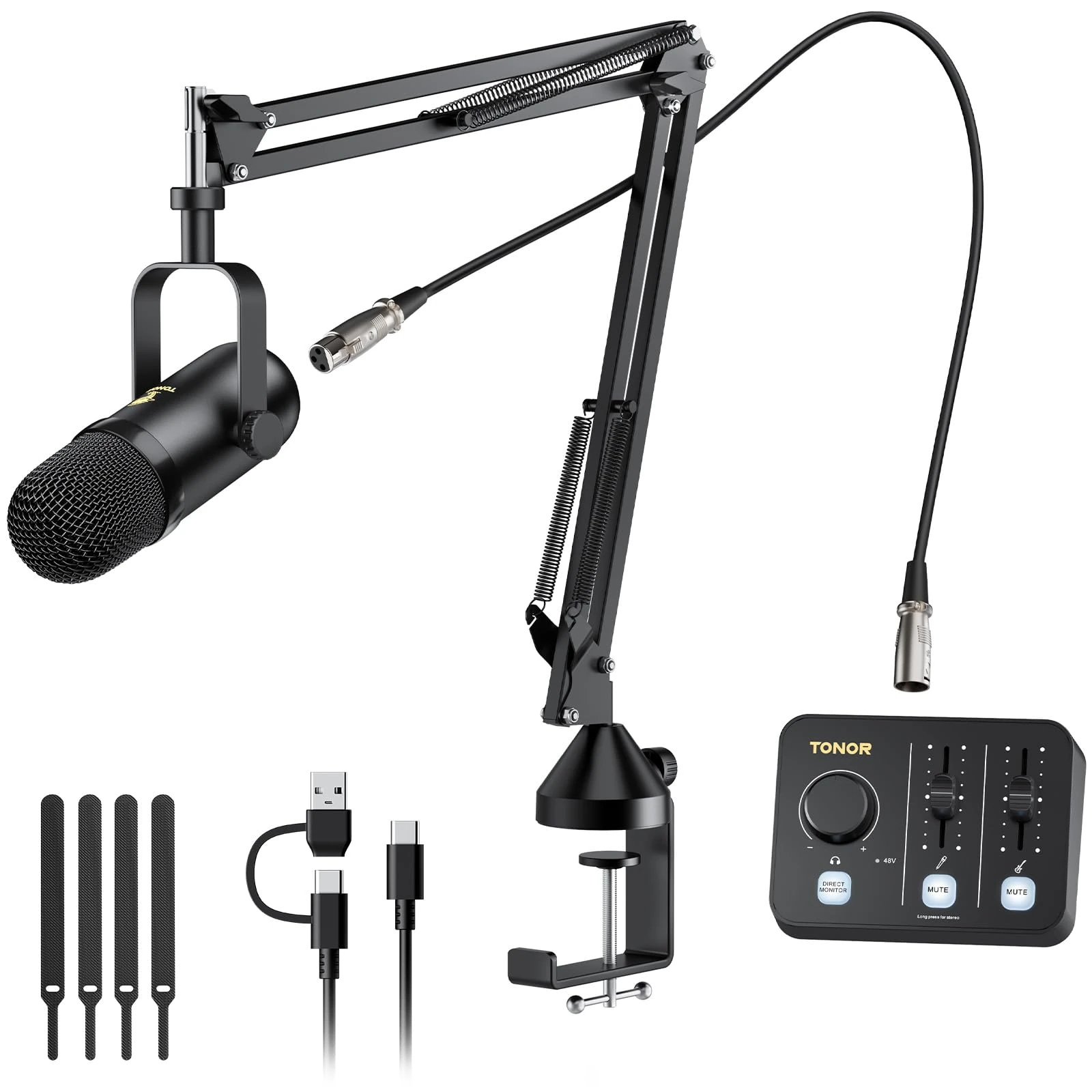 TONOR Podcast Equipment Bundle, Audio Mixer with Dynamic Microphone and Boom Arm Set, XLR Mic with Studio Audio Interface, Desk Mic Arm, All-in-One Pack for Recording, Podcasting, Streaming, POD-1