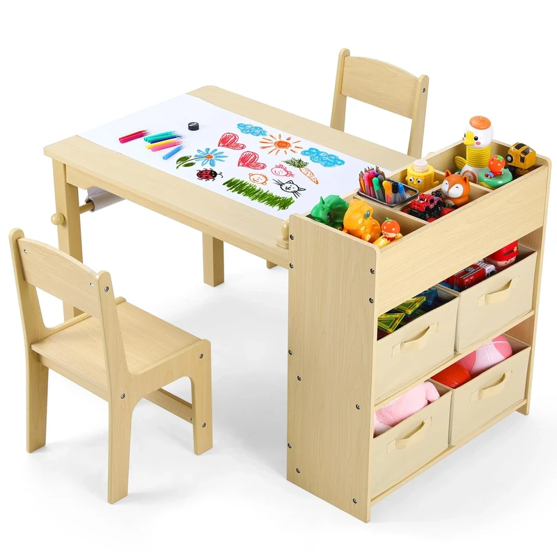 Clevich Kids Table and Chairs, 2 in 1 Children Table and Chair Set, Wooden Kids Craft Table Chairs Set, Children Art Desk with Paper Rolls and 4 Storage Boxes for Drawing, Learning