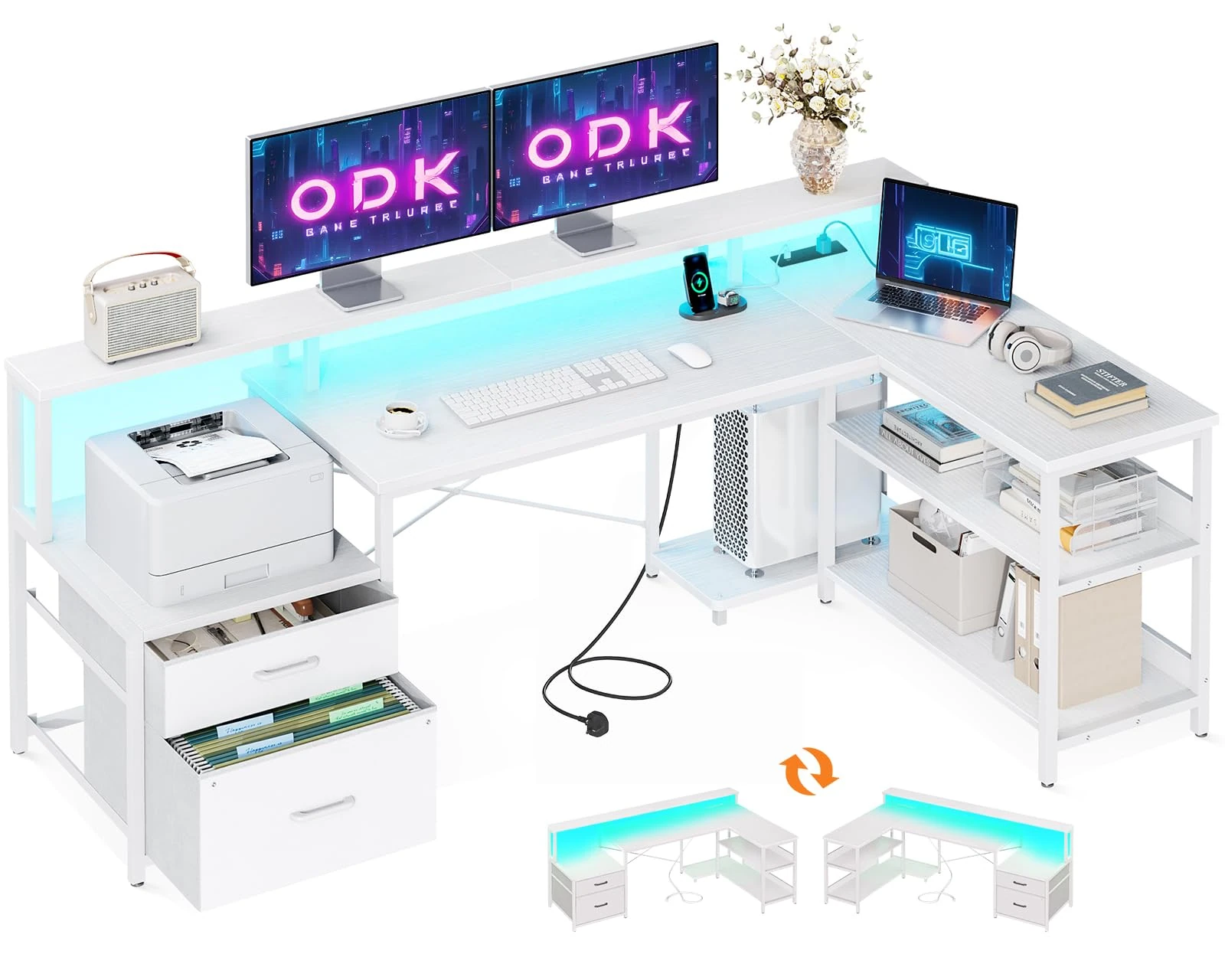 ODK Corner Desk with Drawers, 172×100 cm L Shaped Gaming Desk with LED Lights & Power Outlets, Reversible Computer Desks with Storages, White