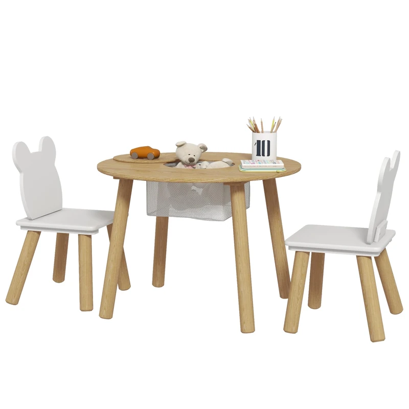 AIYAPLAY 3 Pieces Toddler Table and Chair Set with Centre Mesh Bag, Kids Activity Table Set with Bear Shaped Backrest, for Arts, Crafts Reading Dining, Aged 3-6 Years
