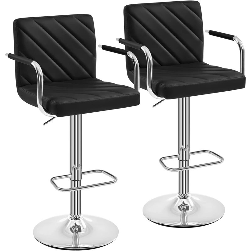Yaheetech Barstools Set of 2, Modern Height Adjustable Swivel Chairs, Faux Leather Counter Stools with Backrest and Footrest for Kitchen, Home, Restaurant, Black
