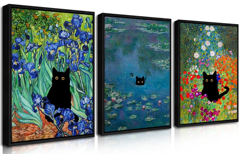 Monet Wall Art Set of 3 - Funny Cat in Water Lilies Canvas Paintings Prints, Garden Flowers Black Cat Aesthetic Pictures for Room Bedroom Living Room Bathroom 16x24 in Black Framed
