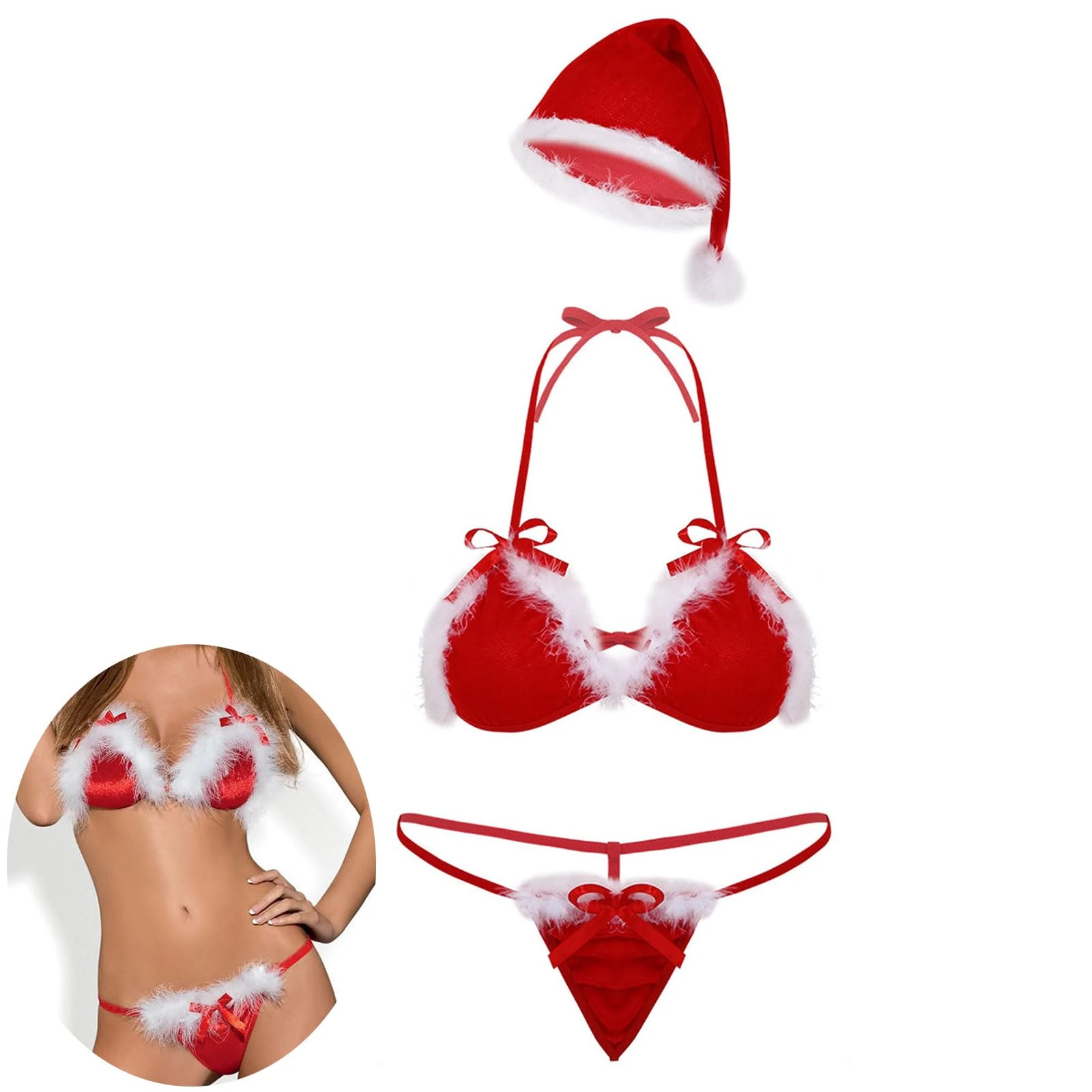 LYNTYAOU Sexy Christmas Lingerie Set for Women Naughty Bra and G-string Panties Hat Underwear Set, Women's Fluffy Santa Lady Bra Bikini Red Babydoll Nightwear Costume, Gift for Women