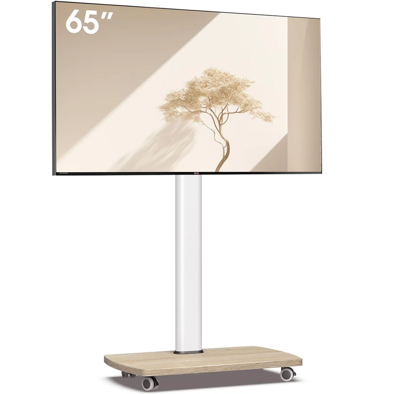 AOKCOS Mobile TV Stand on Wheels with Wooden Base for 32-65 inch TVs, TV Floor Stand Height Adjustable Swivel Tlit, up to 40 kg max. VESA 400x400mm