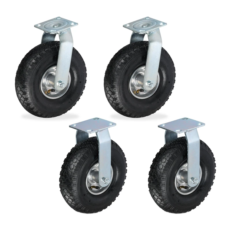 Relaxdays Fixed + 2x Swivel Castor Set, Heavy-duty Wheel with Pneumatic Tyres, 3.00-4, Transport 120 kg, Black/Silver, Steel, 25 x 20 x 13.5 cm