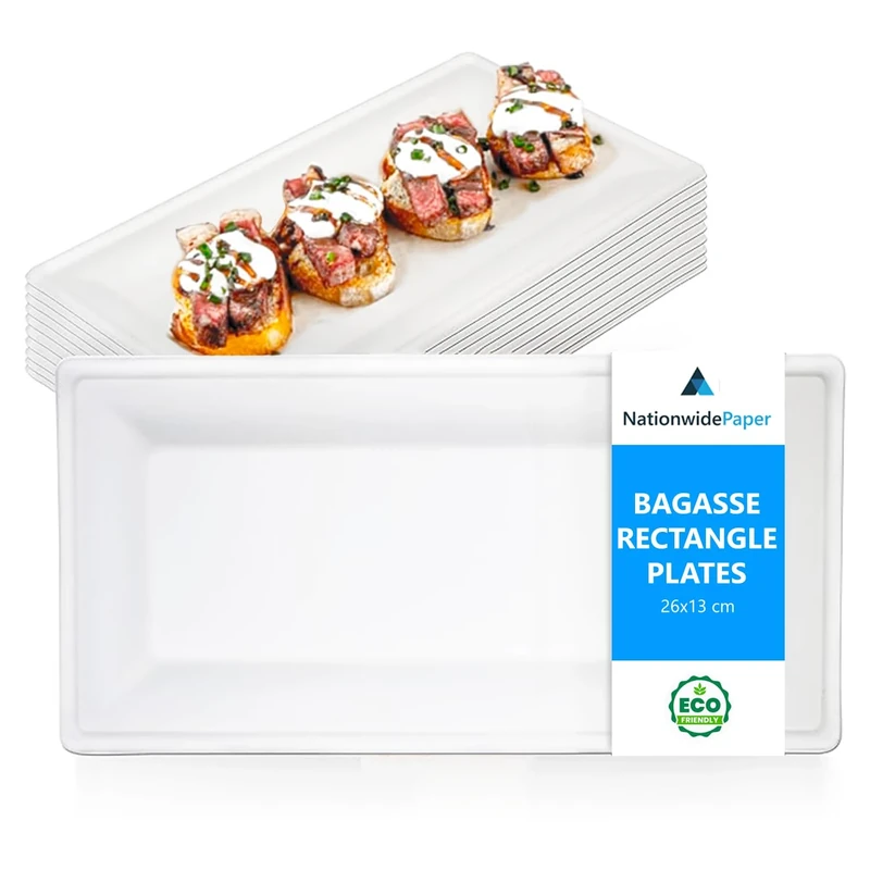 Nationwide Paper 26x13cm Eco-Friendly Heavy Duty Rectangular Plates Natural Sugarcane, Biodegradable, Compostable for Starters, Appetizers Antipasti Dishes - Pack of 500