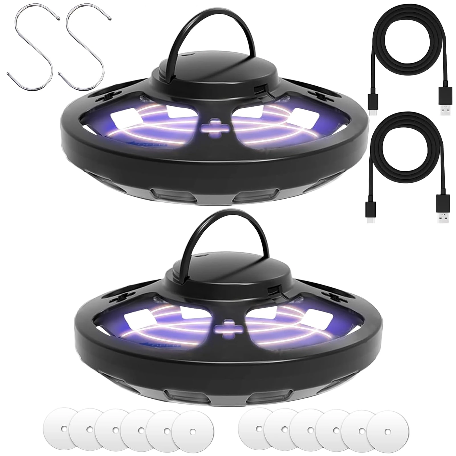 AMFUN 2 Pack Flea Traps for Home,Fleaing Light Traped,Fleaed Lamp Traps for Home, Flea Catcher,Fleas Killer with 4 Modes, Odorless,with 12 Sticky Pads, 2*Hook, 2 Power Cable for Carpets Bedding