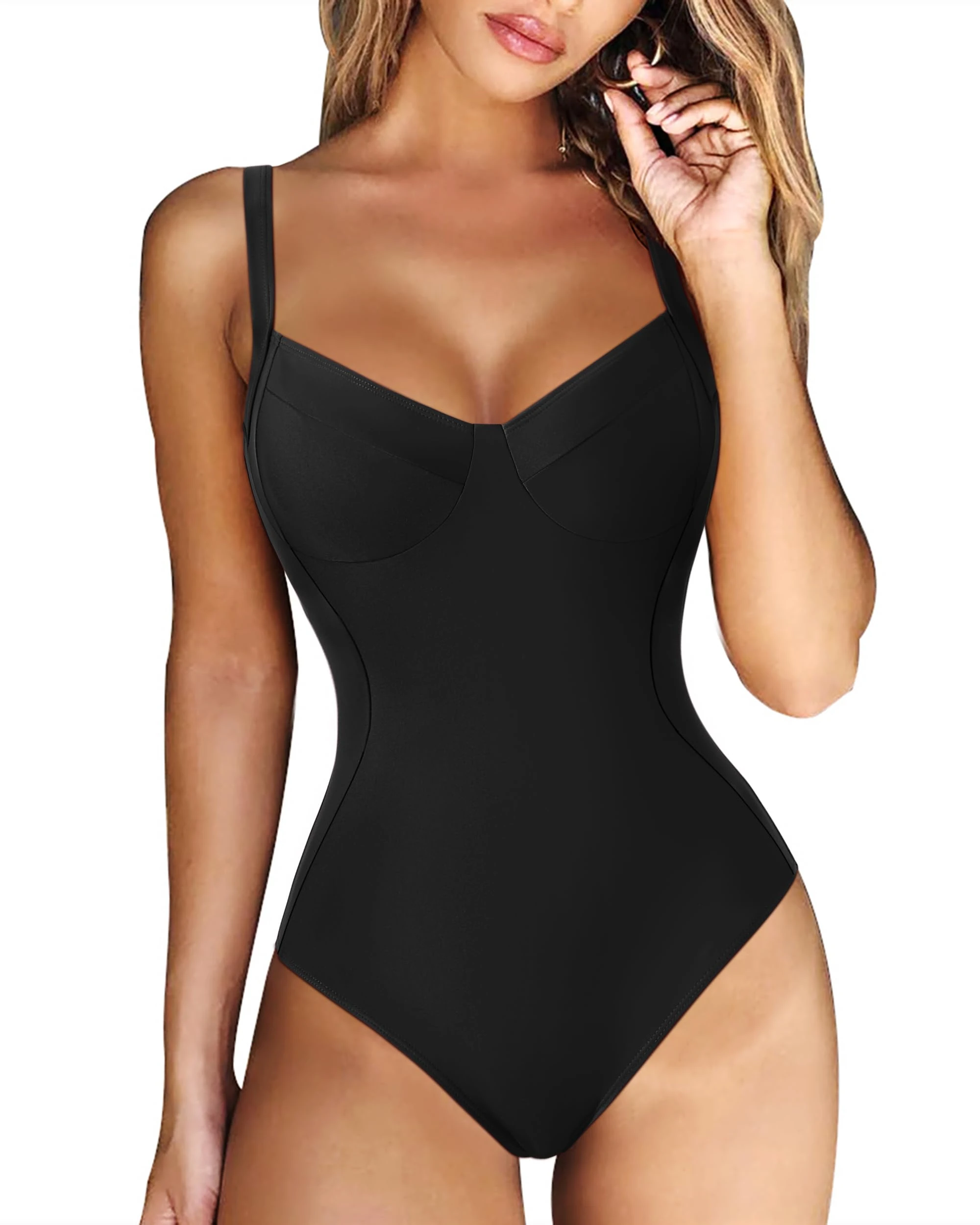 RXRXCOCO Crisscross Back Swimming Costume Women Slimming Tummy Control Swimwear V Neck One Piece Swimsuit Black