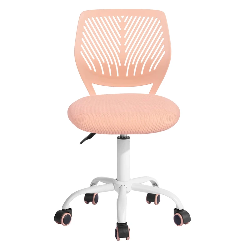 FurnitureR Gaming Chair for Children, Office Chair, Gamer Chair, Desk Chair, Ergonomic Modern Design, Armless, Seat Height Adjustment, Rubber Wheels, Peach Pink, M