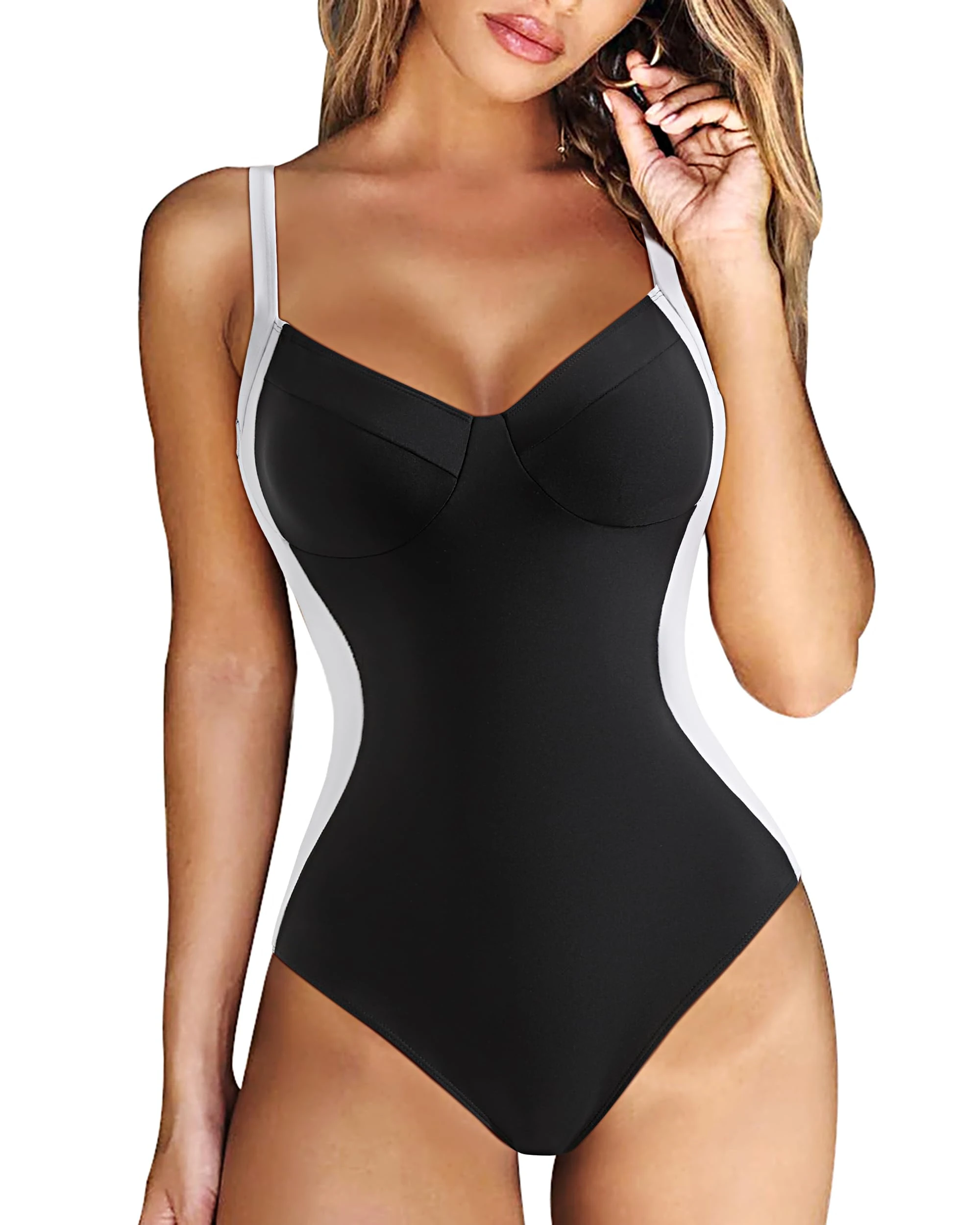 RXRXCOCO Crisscross Back Swimming Costume Women Slimming Tummy Control Swimwear V Neck One Piece Swimsuit