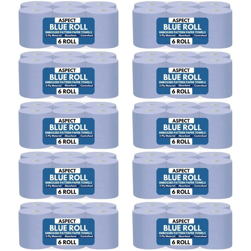Aspect Blue Roll (Pack of 60)(24000 Sheets) Centrefeed 2 Ply Kitchen Rolls Embossed Pattern Paper Towels Strong and Absorbent Tissue Paper Roll Wipe Away Perfect for Commercial & Kitchen Use